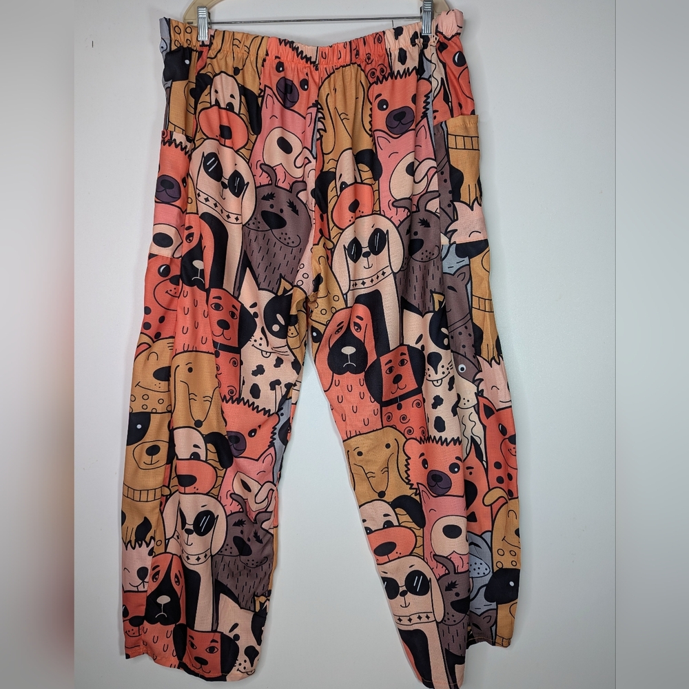Dog Lover Pants Print Womens Plus 3X to 5X High Rise Wide Leg Multicolor Pocket
